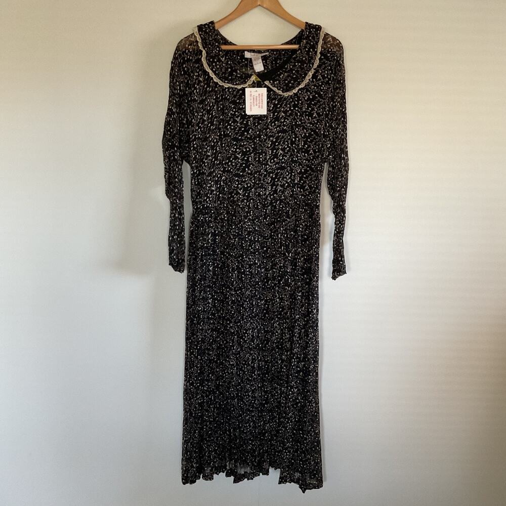 VTG Ellen Ashley Floral Broomstick Pleated Maxi Dress Sz L Lace Peter Pan Collar